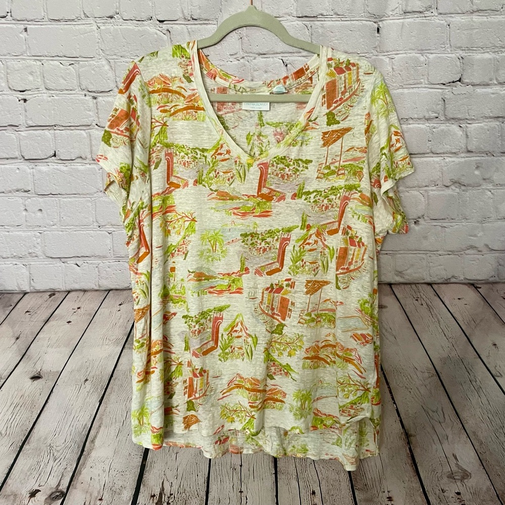 Cynthia Rowley Size 2X V-Neck Scenery Artsy 100% Linen Top EUC